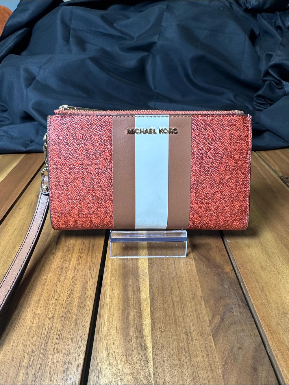 Michael Kors Red and Brown Wallet with Wrist Strap